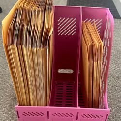 64 TOTAL Manila Clasp envelopes 37 are 9x12 and 27 are 6 1/2 x 9 1/2 with pink storage desktop organizer 
