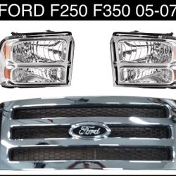 New Headlights + New Chrome Grille + New Ford Emblem F250 F350 Fits 2005 to 2007