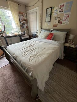 Full Bed Frame, Dresser, and Side Table (MATTRESS NOT INCLUDED) (Color: green-ish gray wood) PICK UP ONLY!!