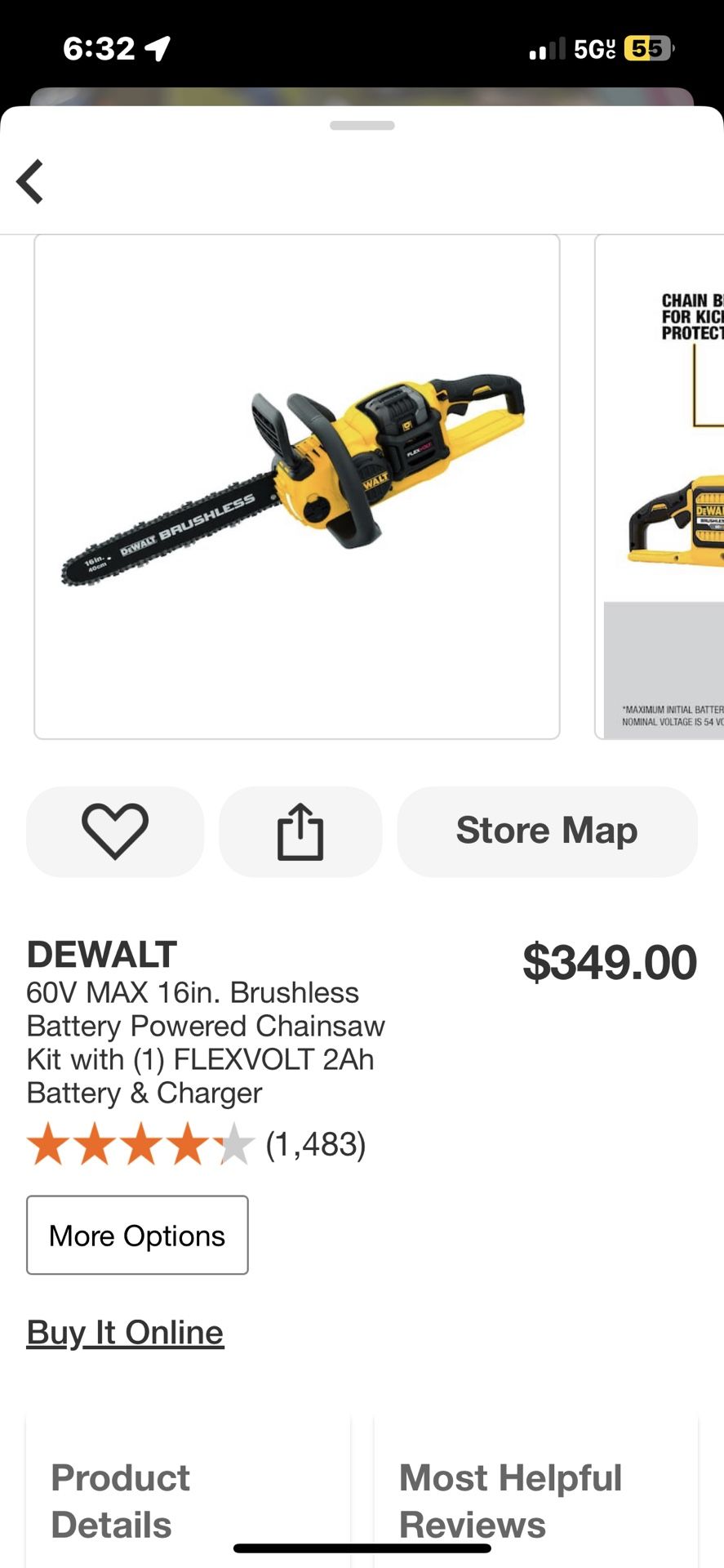 DEWALT 60V MAX 16in. Brushless Battery Powered Chainsaw Kit with (1) FLEXVOLT 2Ah Battery & Charger