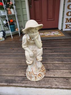 Vintage Glazed Ceramic or Porcelain Thinking Boy Statue
