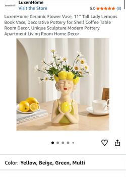LuxenHome Ceramic Flower Vase, 11" Tall Lady Lemons Book Vase, Decorative Pottery NEW