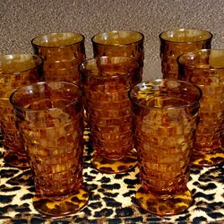 8 Vintage Indian Amber Whitehall Cube Cubist Pattern Pedestal 12 oz. Tumblers (Heavier Thick Glass)
