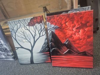 a 3-piece "The Cloud Tree" wall art set featuring high-definition prints of abstract red and black landscapes