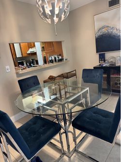 Modern Glass Dining Table + 4 Navy Velvet Chairs - Excellent Cond