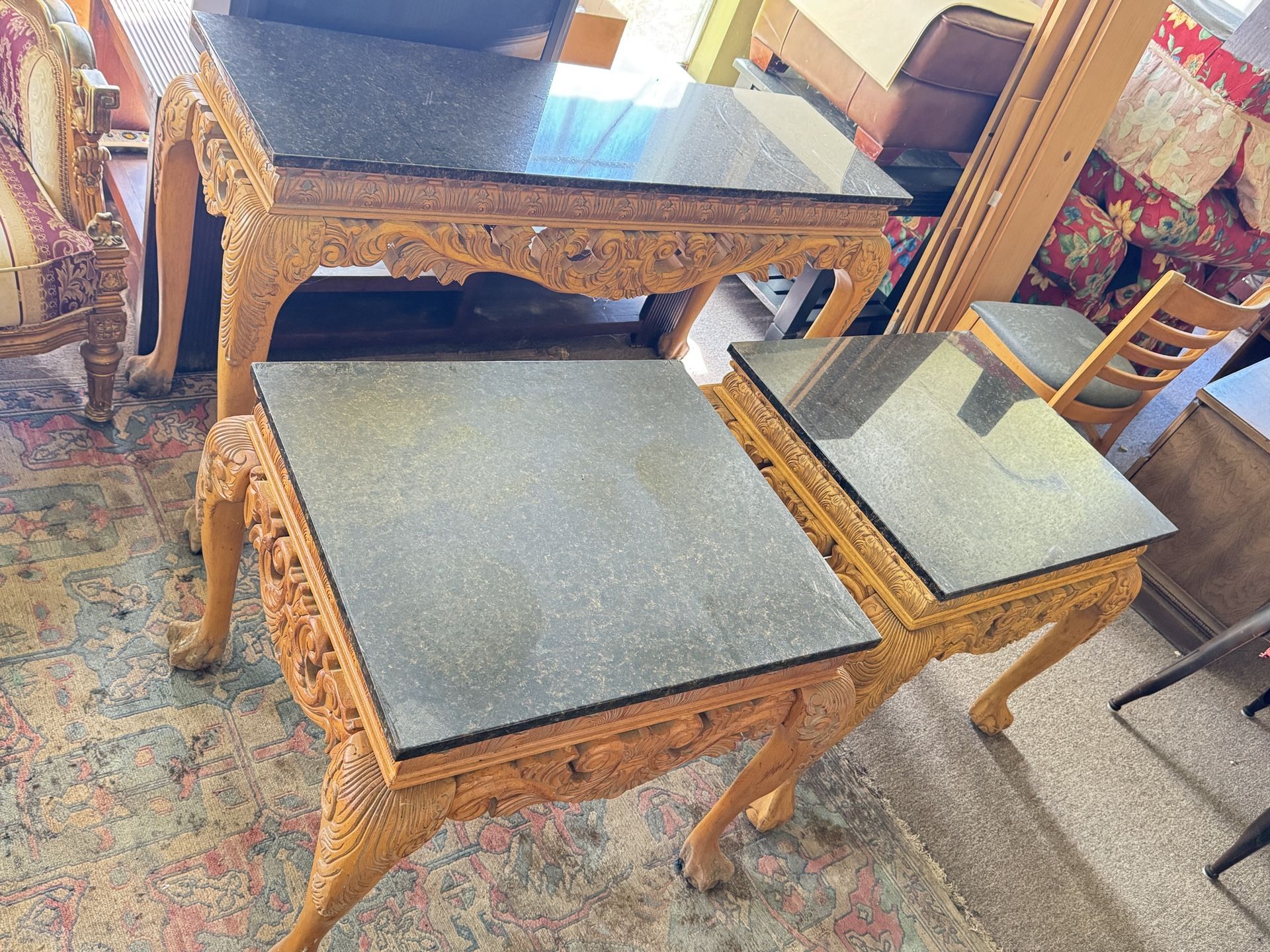 Antique Solid Wood & Marble Table Set – Hand Carved (3 Pieces)，$480
