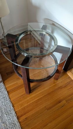 Round Glass Top End Table with Wood Base