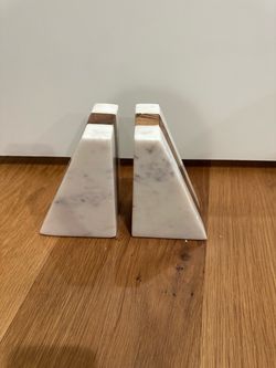 Hello Honey 6" White Marble Geometric Bookends with Wood Inlay