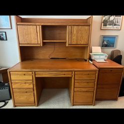 Wooden Desk, Hutch, And Filing Cabinet 