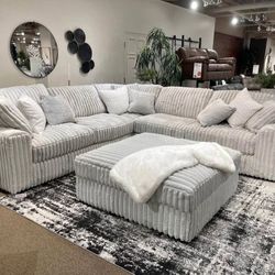 LH👉$49 Down Payment For Financing 👉 Ashley Stupendous Light Gray Fluffy Corduroy Oversized Sectional Couch 