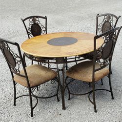 Distressed Wrought Iron And Wood Table And 4 Chairs