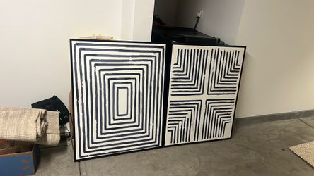 Set of 2 Large Black & White Geometric Framed Canvas Wall Art