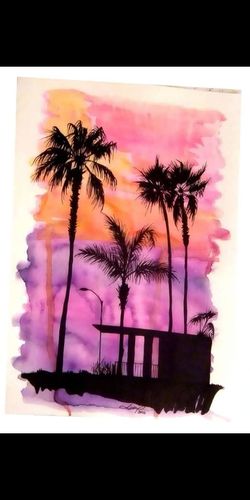 Tropical Sunset original signed Watercolor Painting