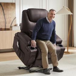 35 in. W Brown Power Lift Recliner Chair with 8-Point Massage and Heating,Living Room Chair with Pillow,Pocket