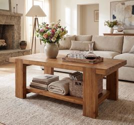 new assembled Solid Wood Large Coffee Table with 2-Tier Storage Shelf 47.2" Farmhouse Rectangle Center Table Furniture for Living Room, Apartment, Off