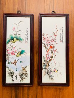 Stunning antique porcelain Chinese hand painted plaques with handmade wooden frames