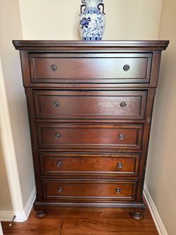 Ashley Dark Cherry Wood 5-Drawer Tall Chest Dresser