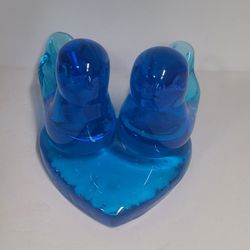 Beautiful Double Blue Birds Of Happiness On Heart Figurine Signed Leo Ward 1994