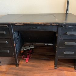 Antique office table, black solid wood pedestal desk
