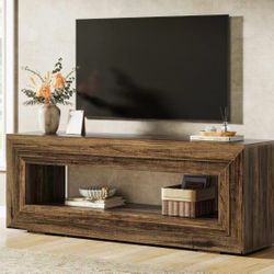 JW1024 63" TV Stand for 55/60/65/75-Inch TV, 2-Tier Long TV Console Table, Farmhouse Brown Media Television Console with Open Storage Shelf, Entertain
