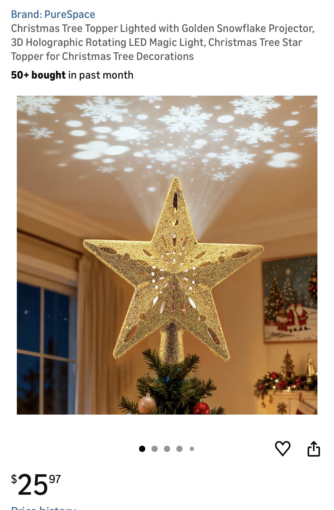 $10-Christmas Tree Topper Lighted with Golden Snowflake Projector, 3D Holographic Rotating LED Magic Light, Christmas Tree Star Topper for Christmas T