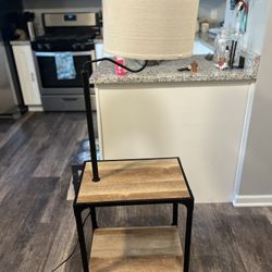 Industrial Wood & Metal End Table with Built-In Lamp