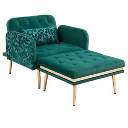 Green Velvet Single Sleeper Chair w/ Ottoman & Adjustable Back [NEW IN BOX] **Retails for $300 (2 Available)
