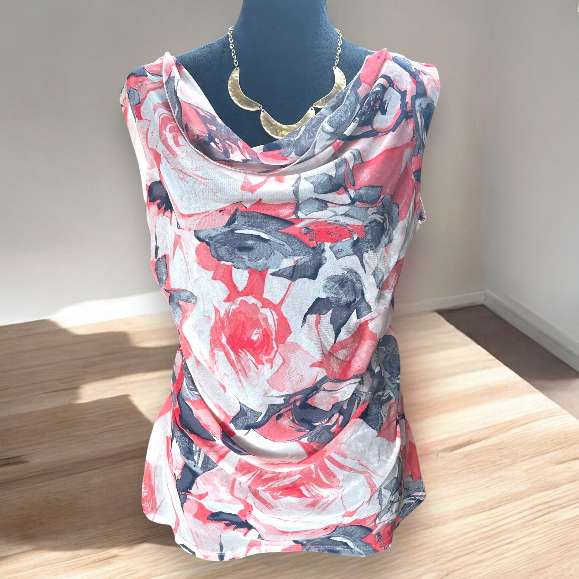 Express Women's Medium Pink Coral Floral Sheer Print Cowl Neck Pullover Tank Top