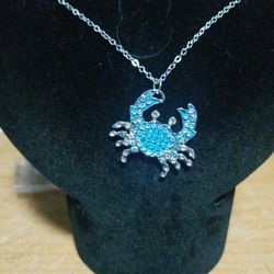 Sterling 21 Inch Necklace Crab With Blue Topaz Stones New