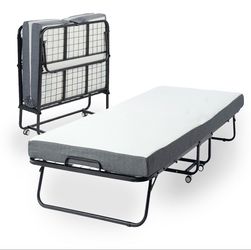 Cot Folding Bed with Mattress /Rollaway Cot w/ Metal Frame/ Portable Guest Bed on Wheels with Storage Cover