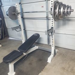 Olympic Weight Bench With Squat Rack Bar & Weights..285lbs all together read Description Below..