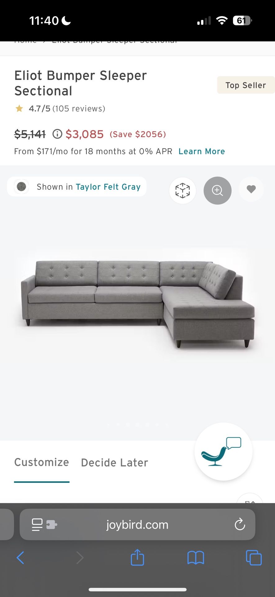 Joybird Eliot Bumper Sleeper Sofa