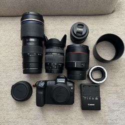 Canon R, Samyang 85mm f1.4 rf lens, Canon 50mm f1.8 lens, 28-75mm tamron f2.8 lens, viltrox adapter, 70-200mm tamron f2.8(not working) 