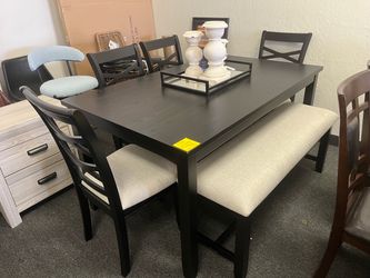 Dark Wood Dining Table Set with Chairs and Bench