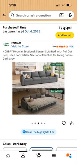 Like new HONBAY Modular Sectional Sleeper Sofa Bed, with Pull Out Bed, Linen Convertible Sectional Couches for Living Room - Dark Grey.
