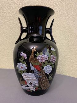 Vintage Japanese Black Porcelain Peacock Vase 10" Double Handles Gold Trim
