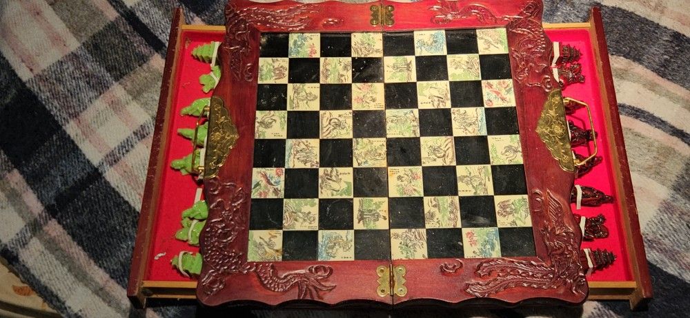 Antique Hand Carved Red & Jade Soapstone Chinese Chess Set