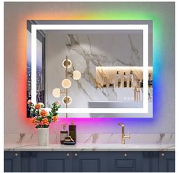 28x36 LED Bathroom Mirror with Lights, RGB Backlit Lighted Mirror Backlit and Front Light, Anti-Fog, 3 Color Dimmable, Memory, Tempered Glass, IP54 Wa