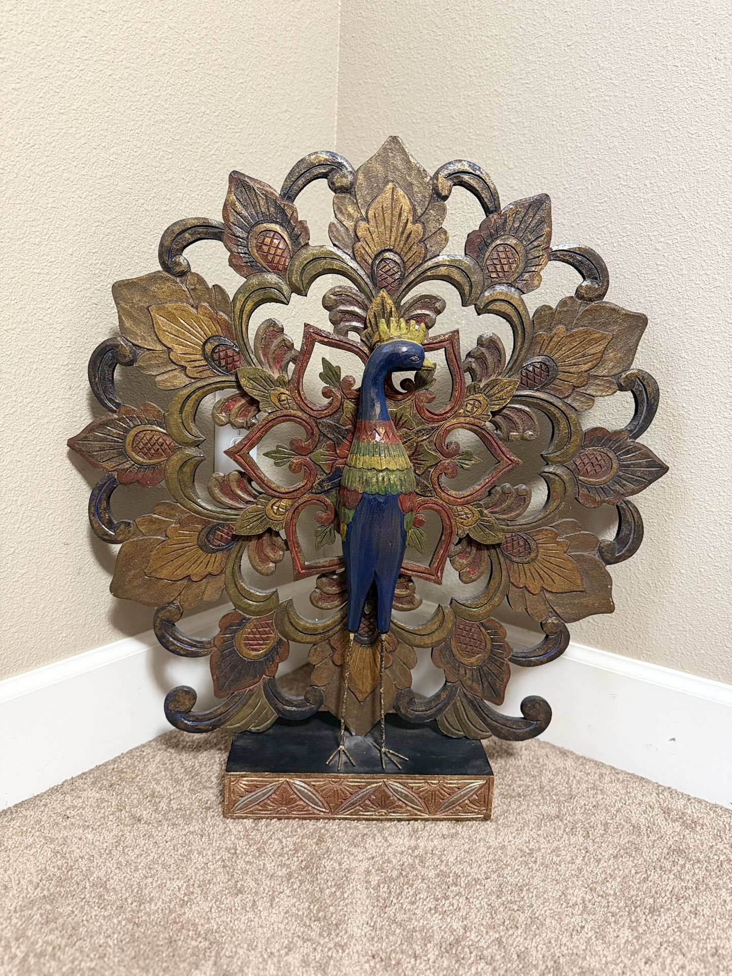Hand-Carved Albasia Wood Peacock