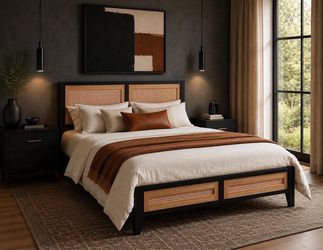 Queen Size Rattan Bed Frame with Headboard, Boho Metal Platform Bed.