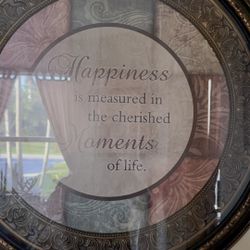 Round Wall Art w/ Ornate Frame - Happiness Quote