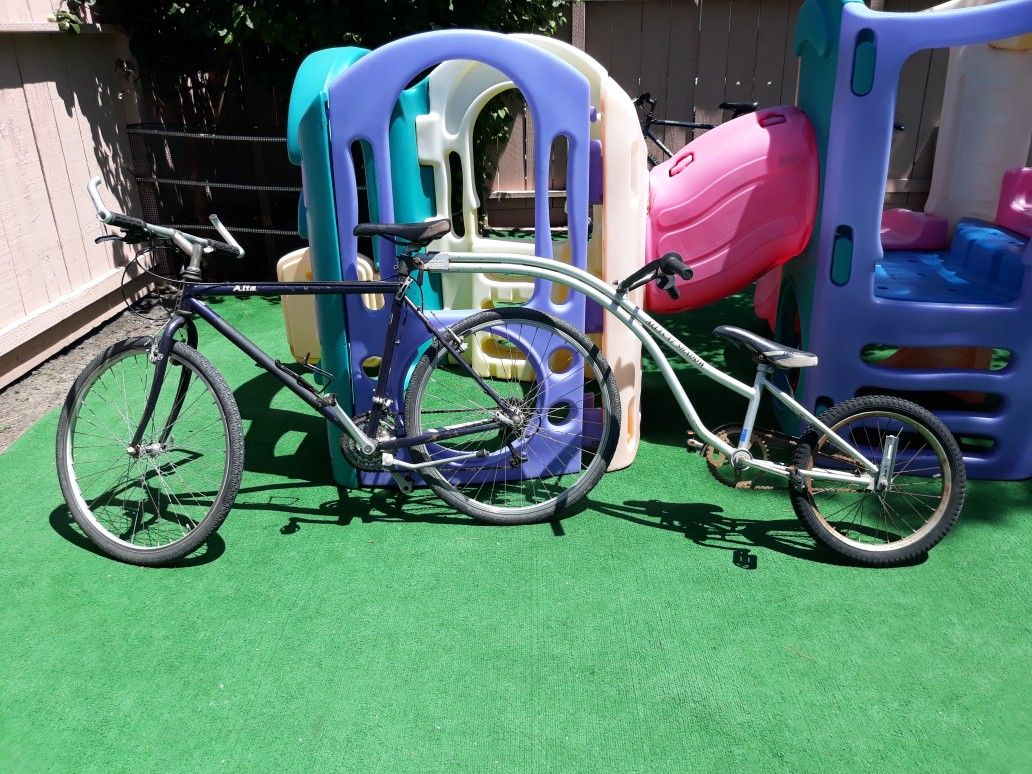 Bike with kid bike attachment tandem / trailer