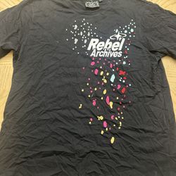 Rebel Vengeance black tshirt with multi colored embroidered paint spattered design size xxl