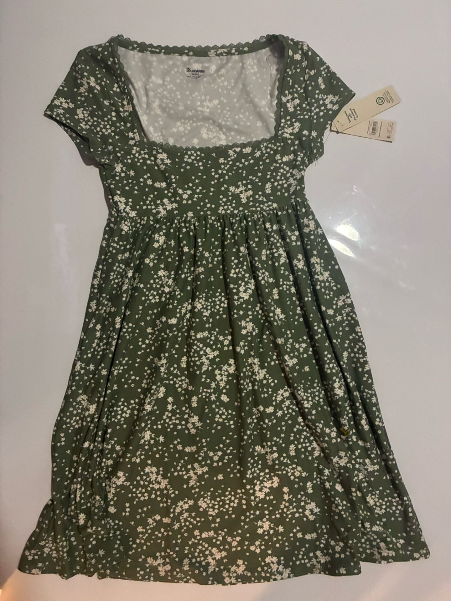 Dark Army Green White Floral Lace Babydoll Dress w/ Cap Sleeves Women's S