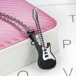 🎸 Unisex Silver & Black Stainless Steel Guitar Necklace w Chain Music Lover Gift