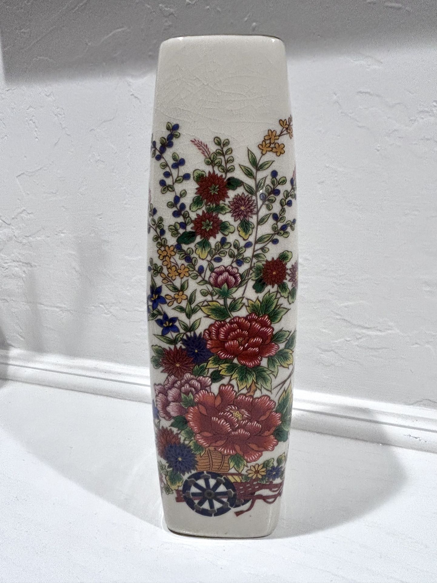 Vintage MCM Porcelain Tall Japanese Floral Vase with Gold Rim & Crackle Glaze