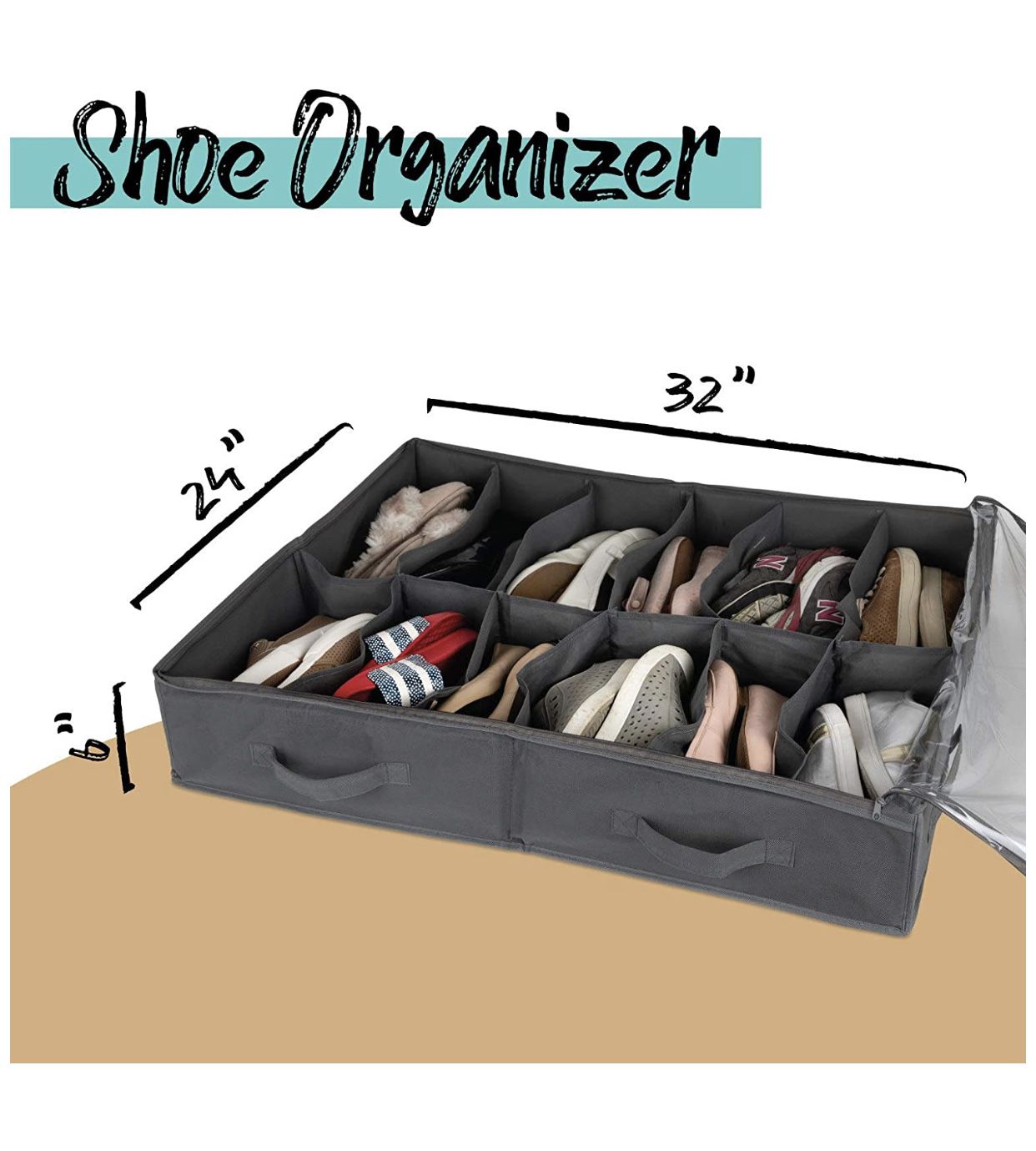 Brand new Under Bed Shoe Storage Organizer -Fits Shoes Up to Size 12-– Sturdy Sides + 12 Inserts for Stiffness - Plastic Zippered Cover –Closet Stora