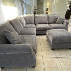 New! Plush Dark Grey Sectional Sofa And Ottoman, Sectionals, Sofa, Couch, Grey Couch, Grey Sofa, L-Shaped Sofa, Plush Sectional Couch,Living Room Sofa