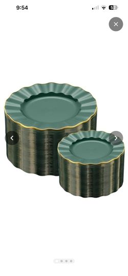 59Pcs Heavy Weight Green Plastic Plates with Gold Trim, Heavy Duty Green Disposable Plate, Elegant