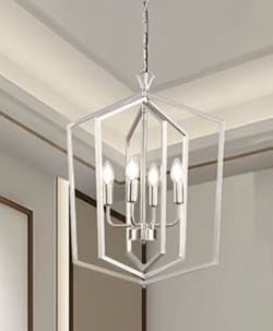 SPECIAL!!! $45: 18.1" Silver Chandelier, 4-Light Farmhouse Foyer Lighting Fixtures, Modern Lantern